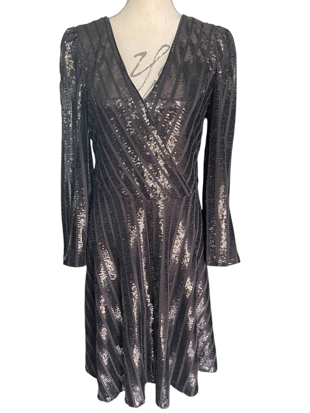 Nanette Lepore Black Vertical Sequin Stripe Wrap-Style Long Sleeve Dress (10)